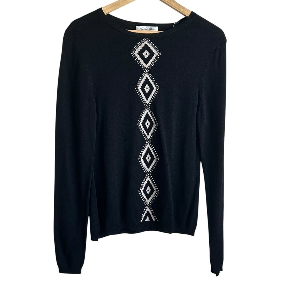 VTG Judith Hart Women Chic Sequin Diamond Sweater L Black Silk Blend Geometric